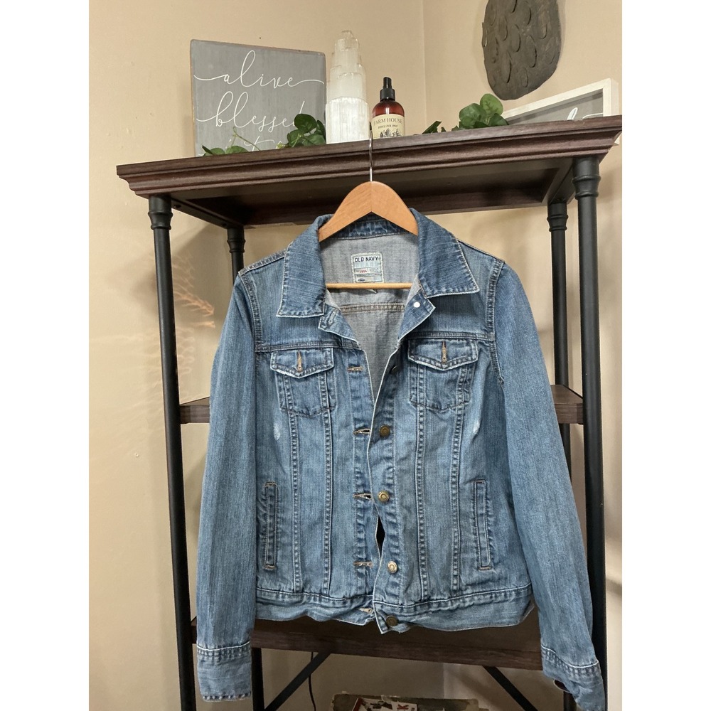 Old Navy Brand Womens Medium Wash Distressed Denim Trucker Jacket Size L